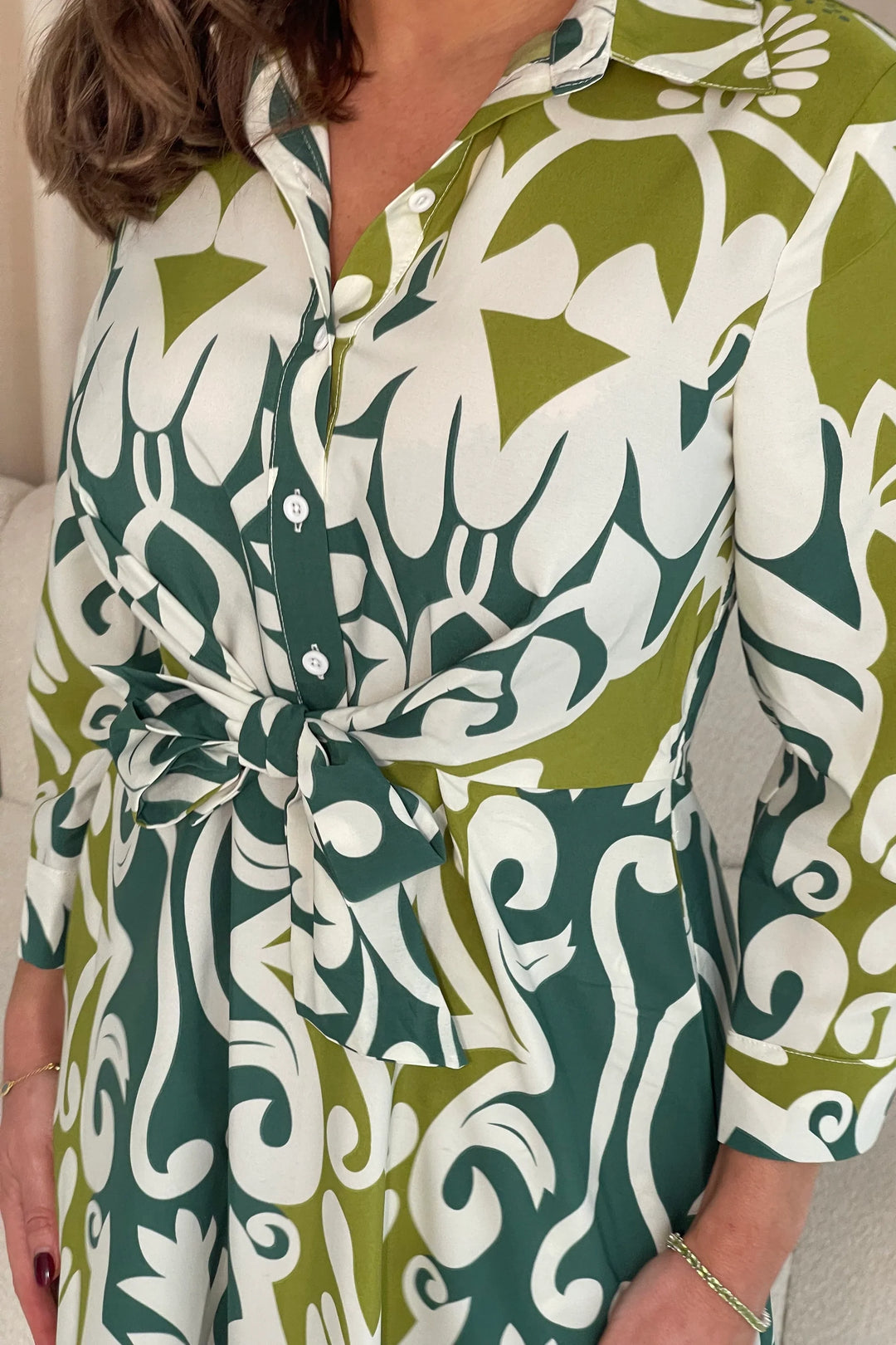 Dresses at Rouge Isabella Green Button Dress with Tie Finish