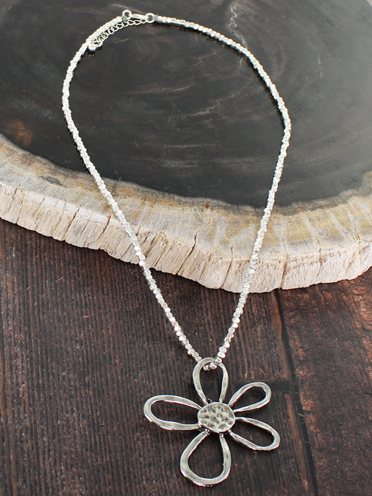 Suzie Blue SP015F Open Flower Necklace with Threaded Silver Plate Chain