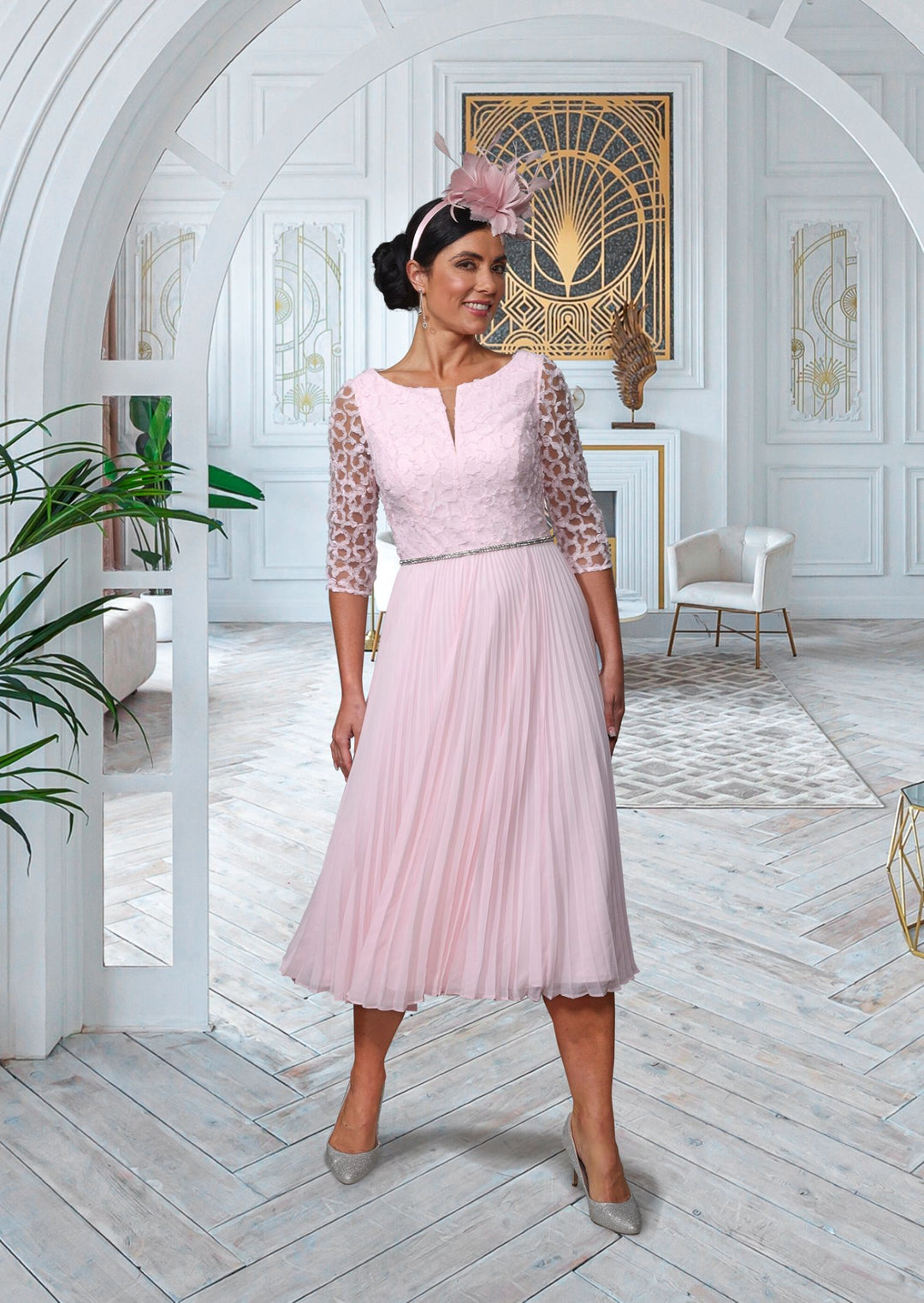 Veromia VO0957 Pink Fit and Flare Dress Sleeved Diamante Belt.