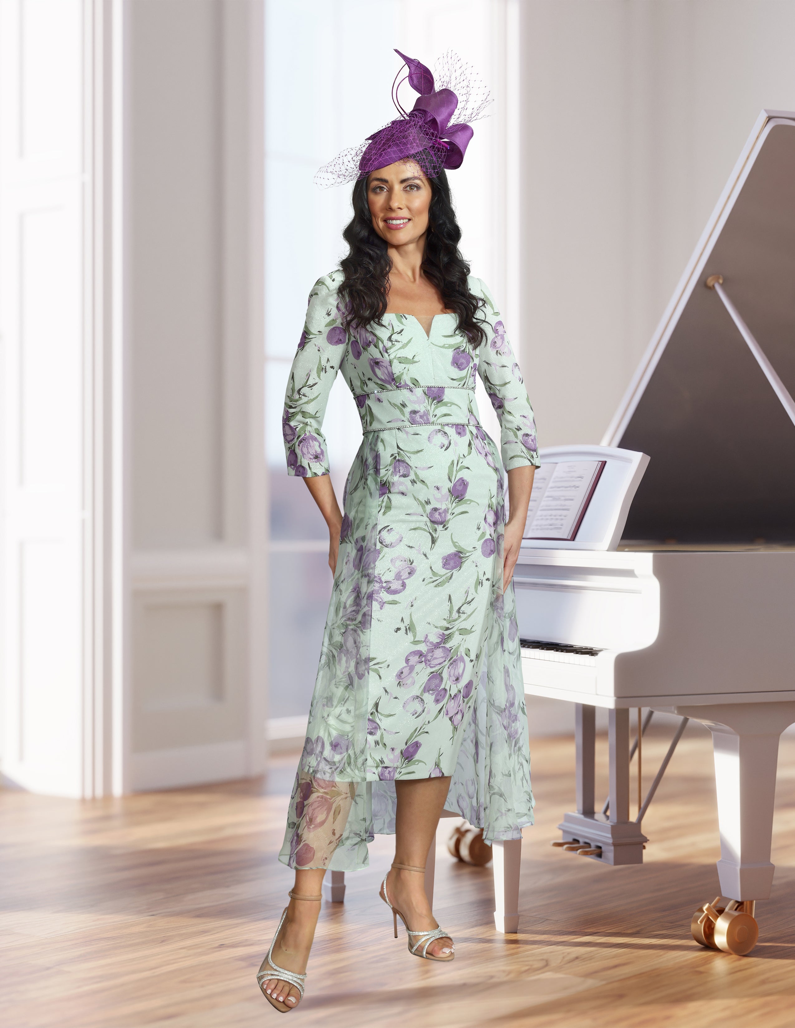 Veromia VO2917 Kiwi Floral Print Chiffon Occasion Dress – Rouge