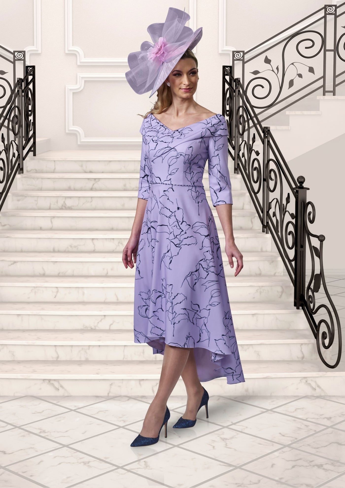 Veromia VO9681 Purple  Dress with Wide Neck, three quarter sleeve and high low hem