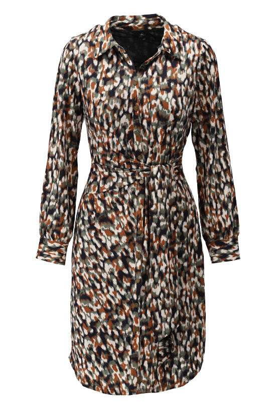 K Design X129 GREEN BROWN PRINT Sleeved Dress with Bee Belt