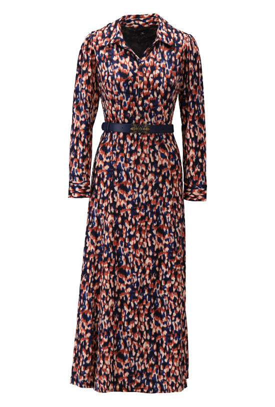 K Design X129 GREEN BROWN PRINT Sleeved Dress with Bee Belt