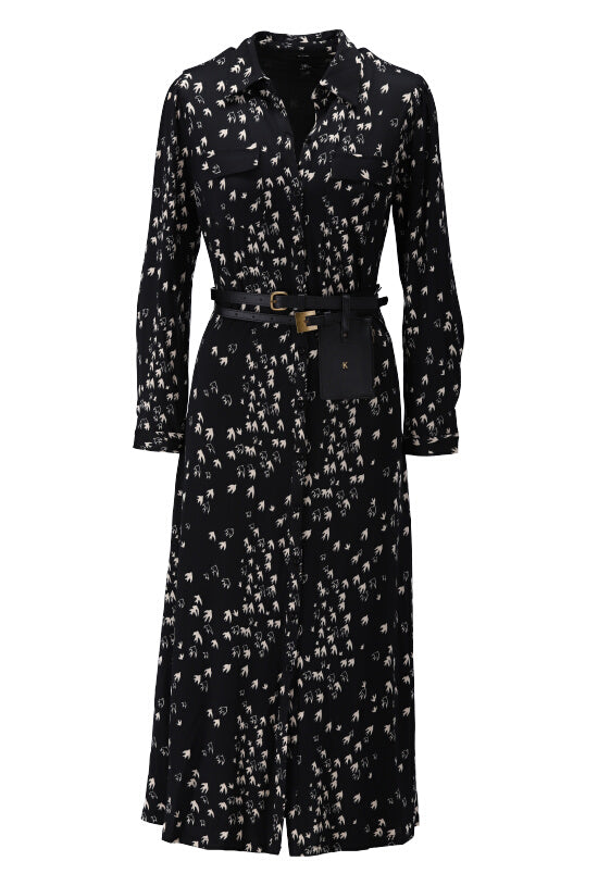 K Design X135 Midi Black Print Collar Sleeved Dress With Cross Over Bag Belt