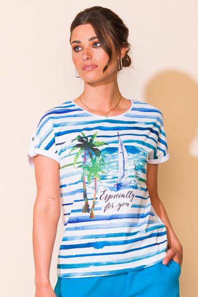 Alison Sheri A43080 Blue Tropical Print Striped Roll Sleeve Top - Rouge Boutique Inverness