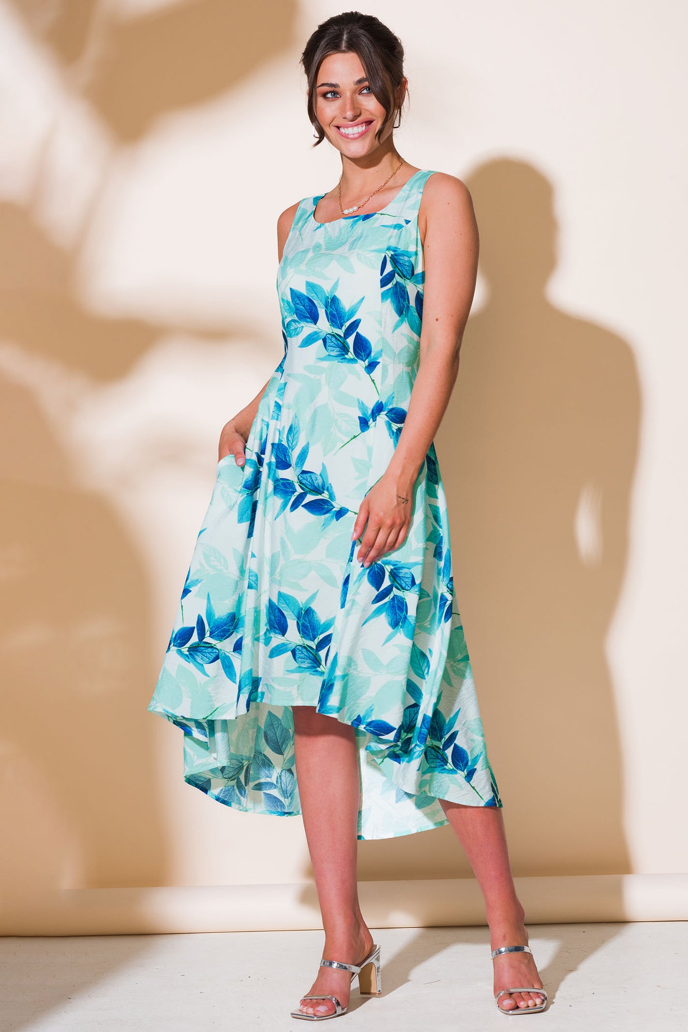 Alison Sheri A43118 Blue Leaf Print High Low Sleeveless Dress - Rouge Boutique Inverness