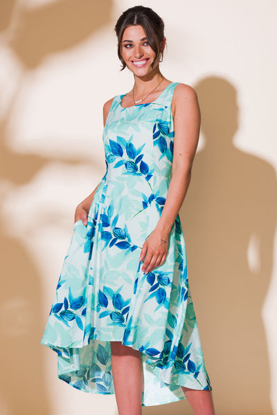Alison Sheri A43118 Blue Leaf Print High Low Sleeveless Dress - Rouge Boutique Inverness