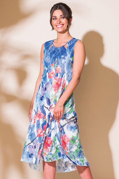 Alison Sheri A43408 Blue Floral Print Sleeveless Dress - Rouge Boutique Inverness