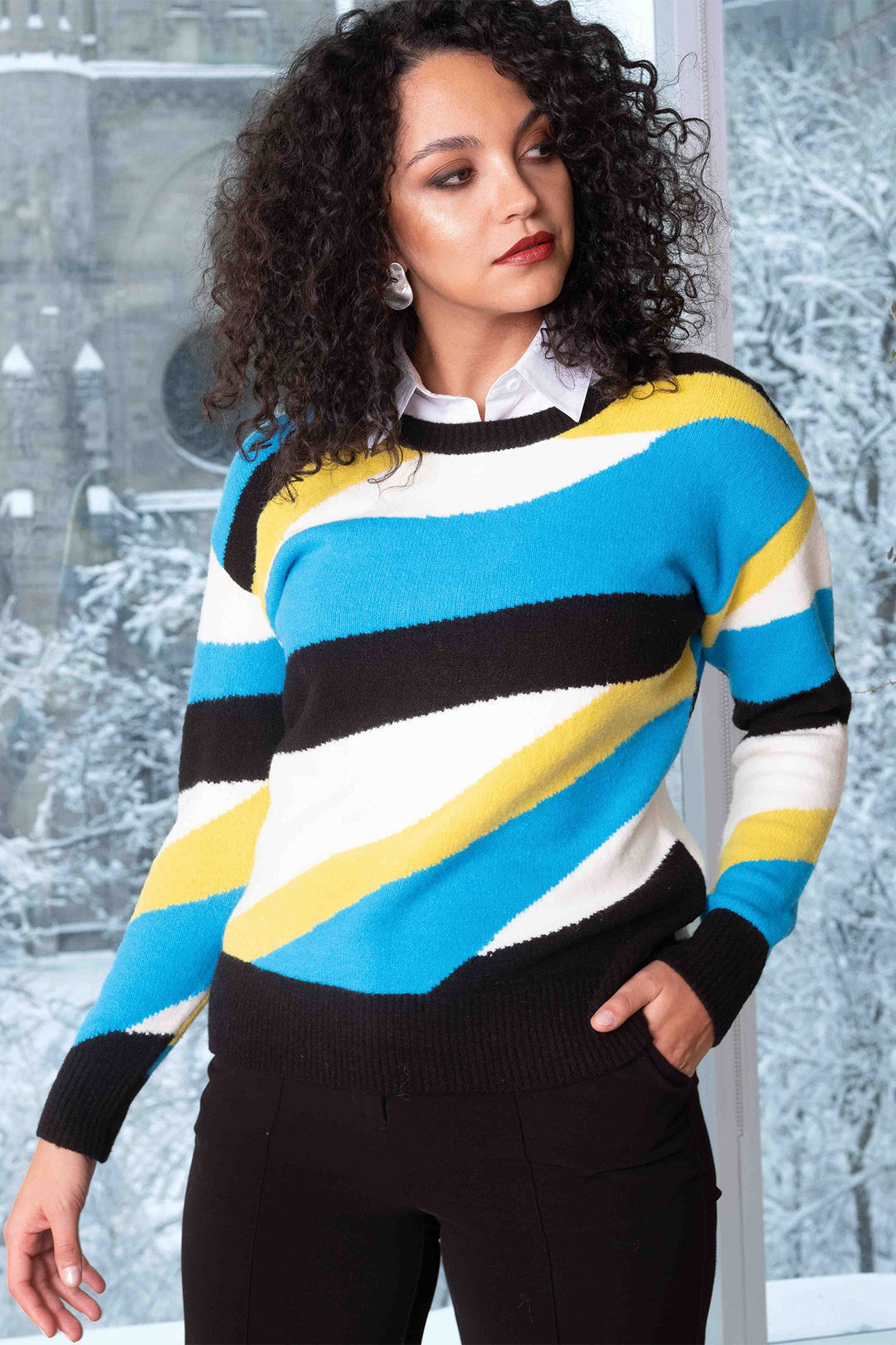 Alison Sheri A44001 Black Turquoise Multicolour Stripe Jumper - Rouge Boutique