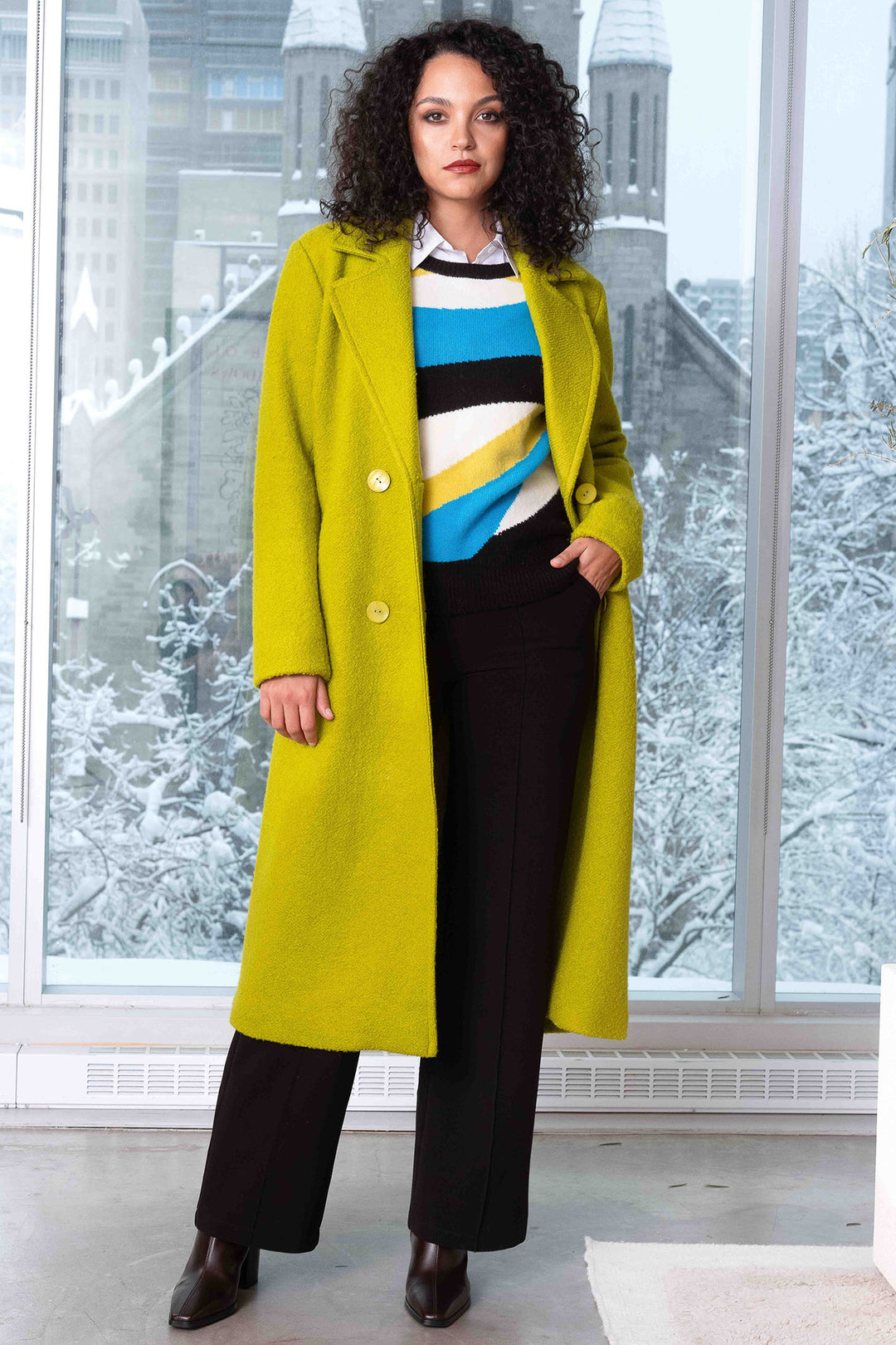Alison Sheri A44003 Lime Green Double Breasted Coat - Rouge Boutique