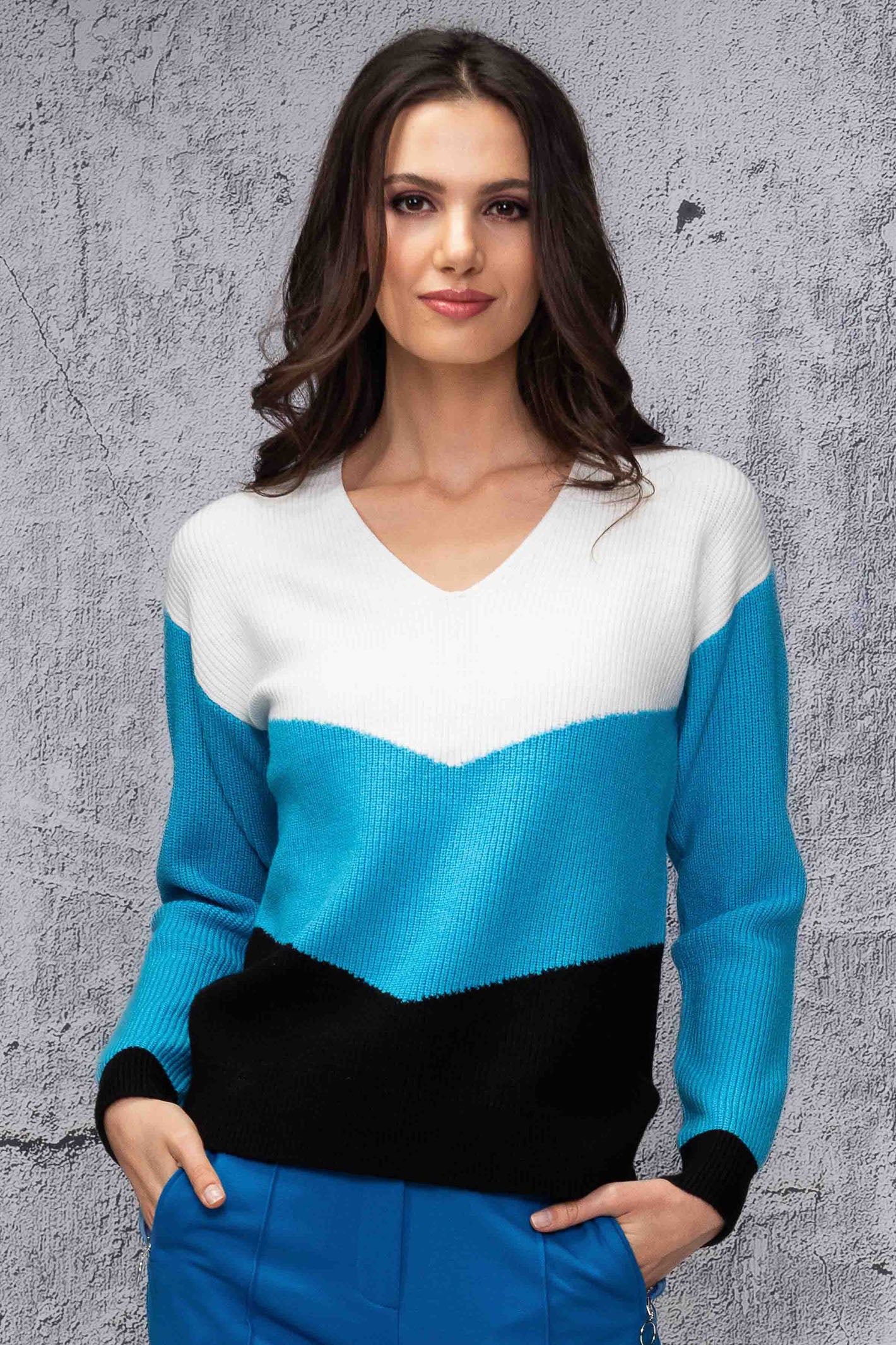Alison Sheri A44022 Blue Chevron Stripe V Neck Jumper
