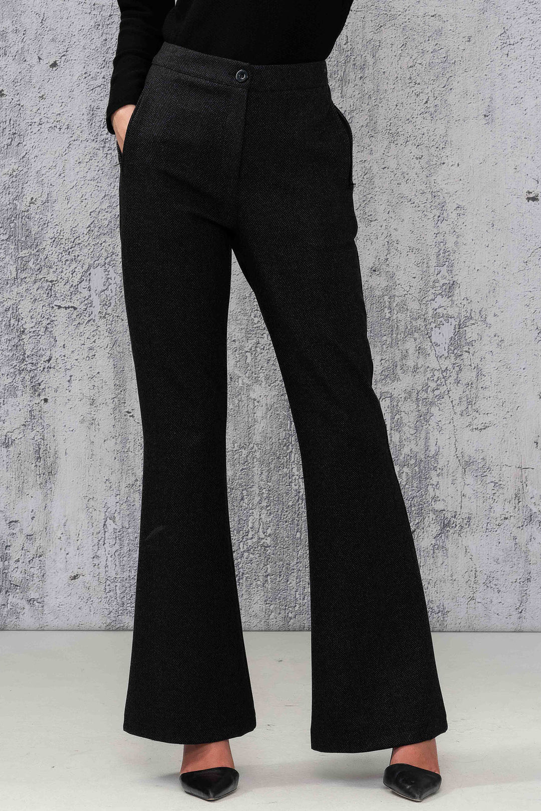 Alison Sheri A44132 Charcoal Grey Herringbone Flared Trousers - Rouge Boutique