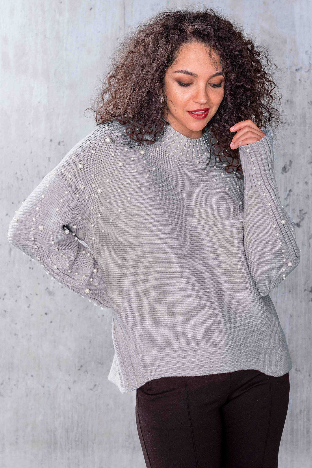 Alison Sheri A44307 Silver Grey Batwing Ribbed Jumper - Rouge Boutique