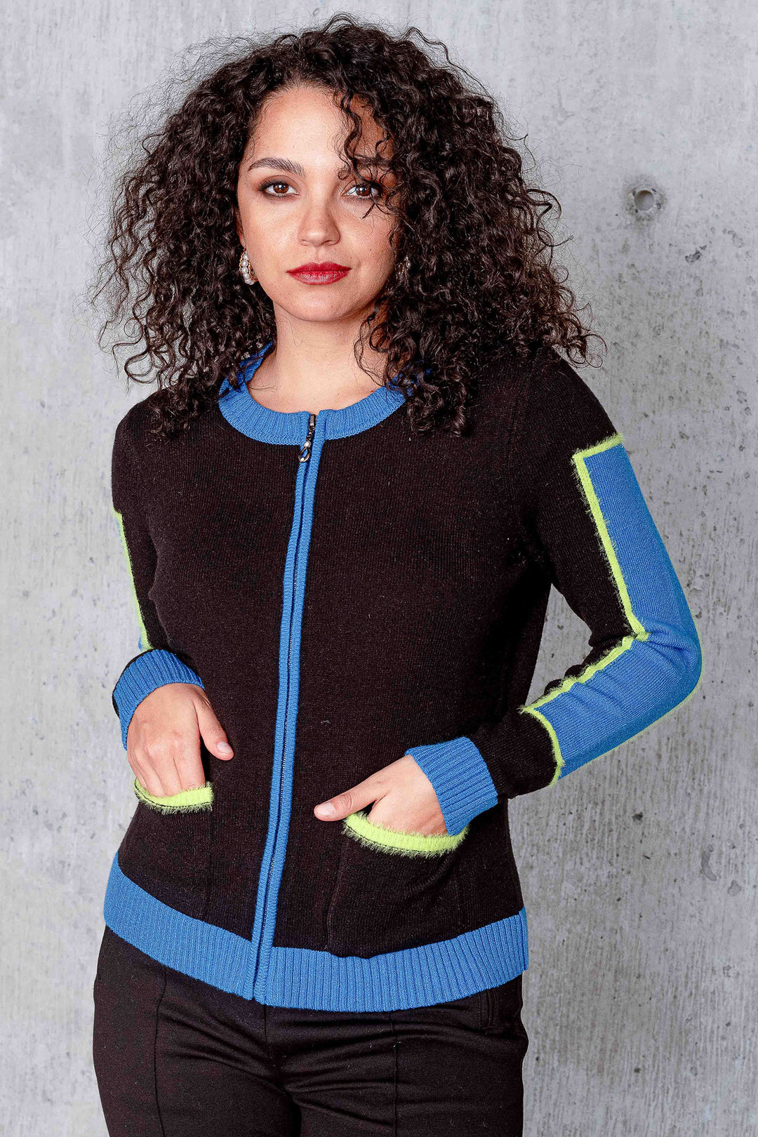 Alison Sheri A44445 Black Blue Zip Front Cardigan Jacket - Rouge Boutique Inverness
