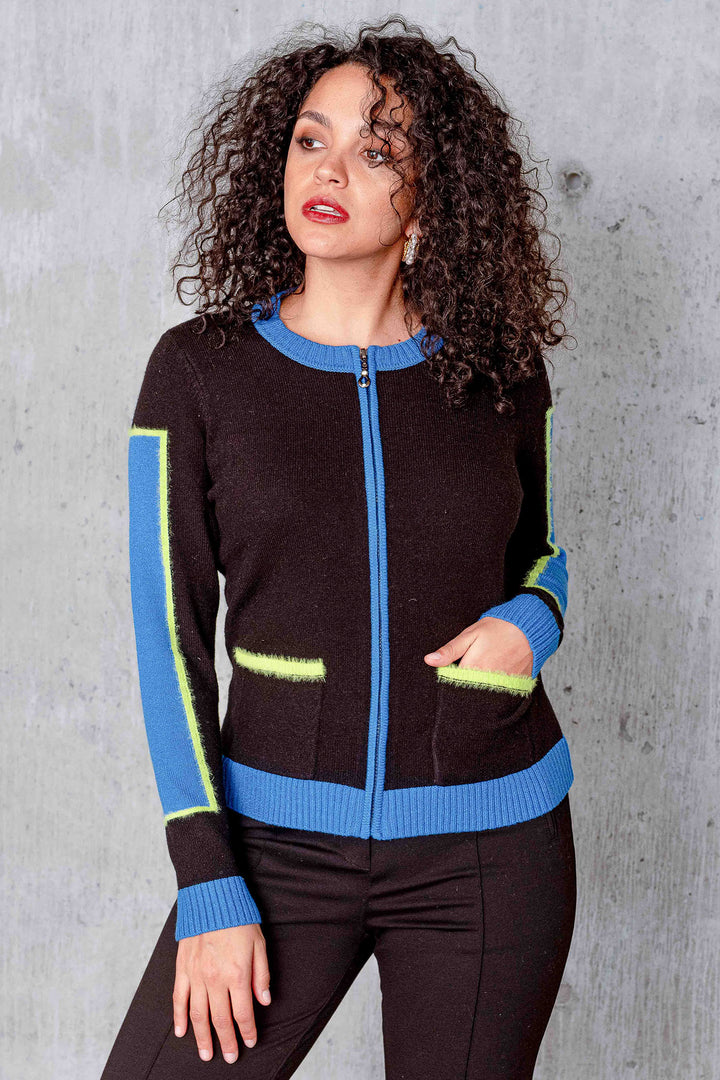 Alison Sheri A44445 Black Blue Zip Front Cardigan Jacket - Rouge Boutique Inverness