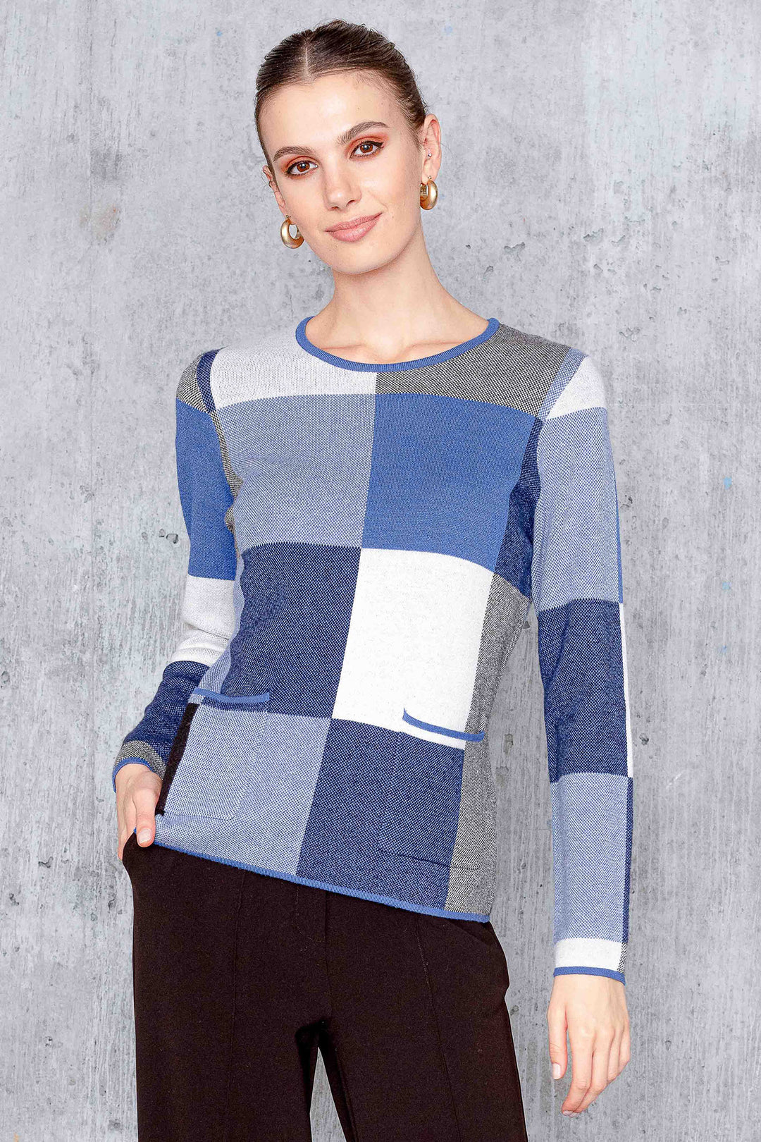 Alison Sheri A44459 Blue Check Round Neck Jumper - Rouge Boutique