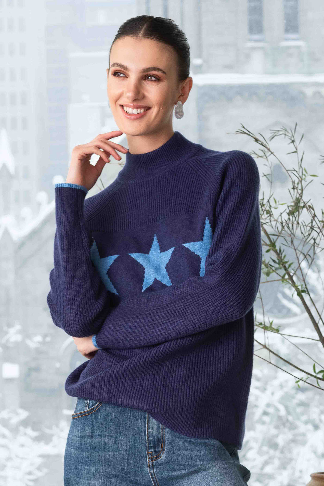 Alison Sheri A44478 Blue Star Design Funnel Neck Jumper - Rouge Boutique