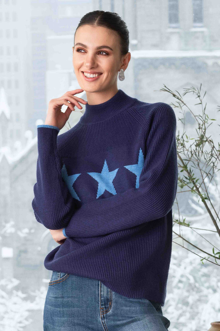 Alison Sheri A44478 Blue Star Design Funnel Neck Jumper - Rouge Boutique