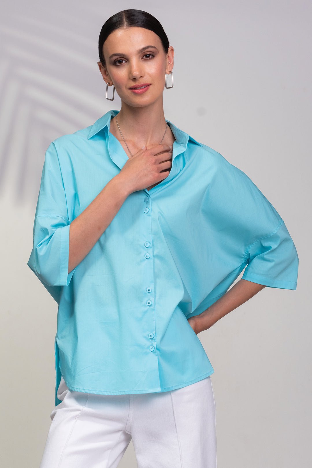 Alison Sheri A45040 Aqua Blue High-Low Hem Shirt - Rouge Boutique Inverness