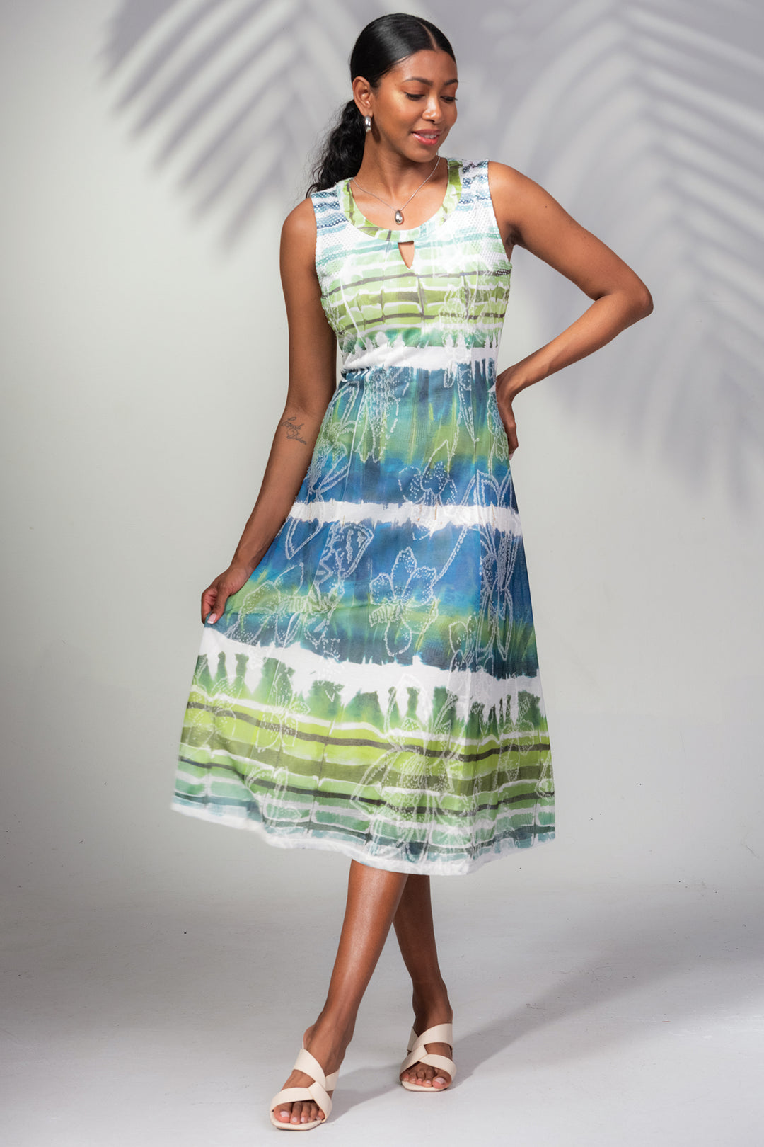 Alison Sheri A45055 Green Blue Print Midi A-line Dress - Rouge Boutique Inverness