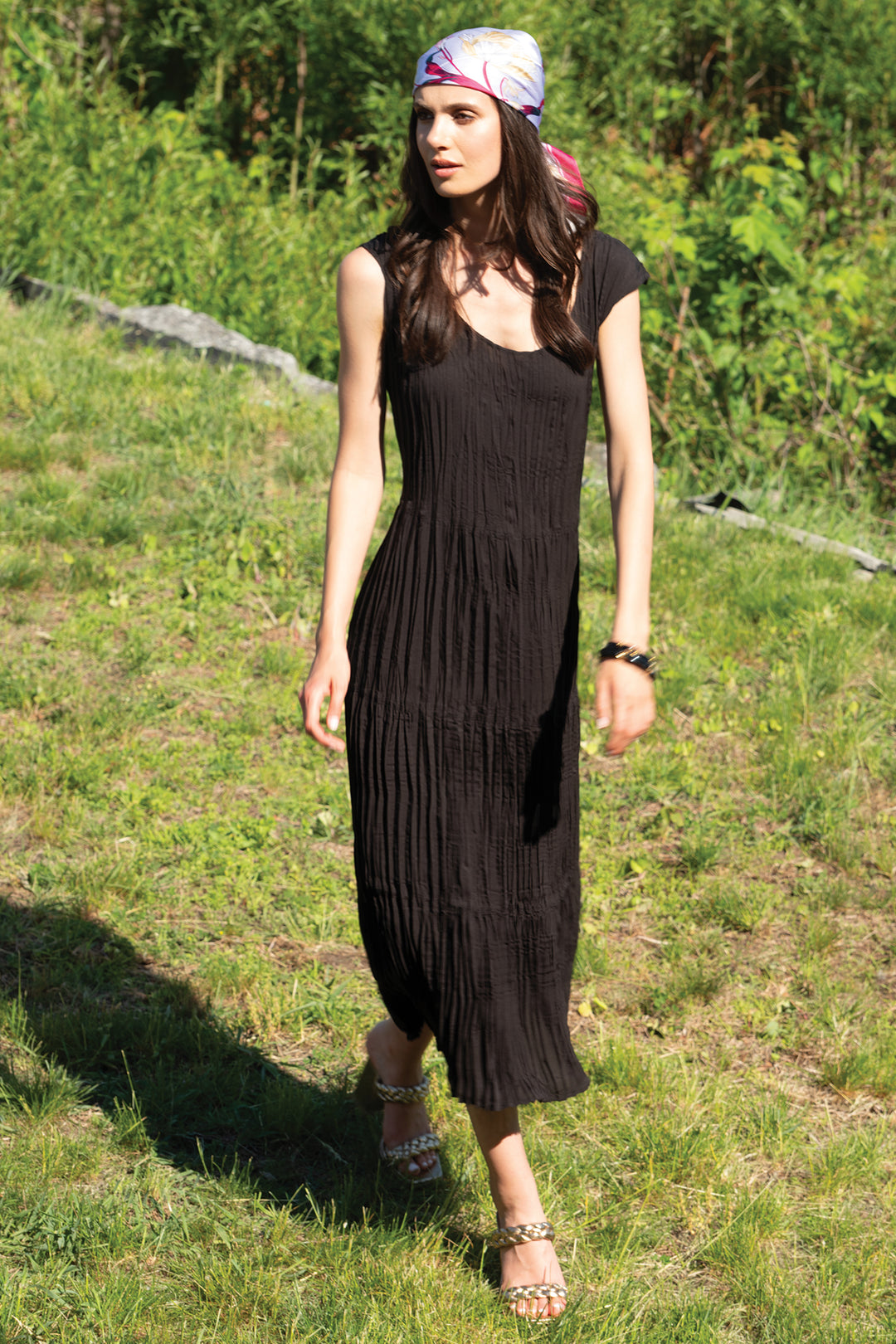 Alison Sheri A45240 Black Pleated Crinkle Midi Dress - Rouge Boutique Inverness