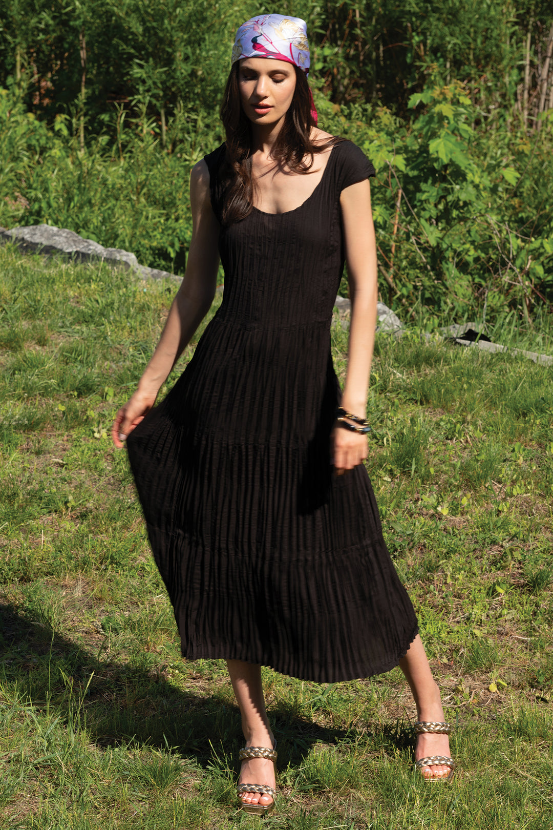 Alison Sheri A45240 Black Pleated Crinkle Midi Dress - Rouge Boutique Inverness