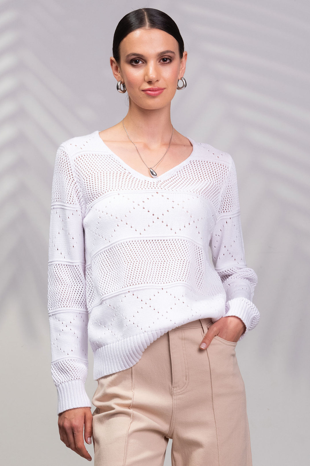 Alison Sheri A45289 White V Necked Sleeved Jumper - Rouge Boutique Inverness