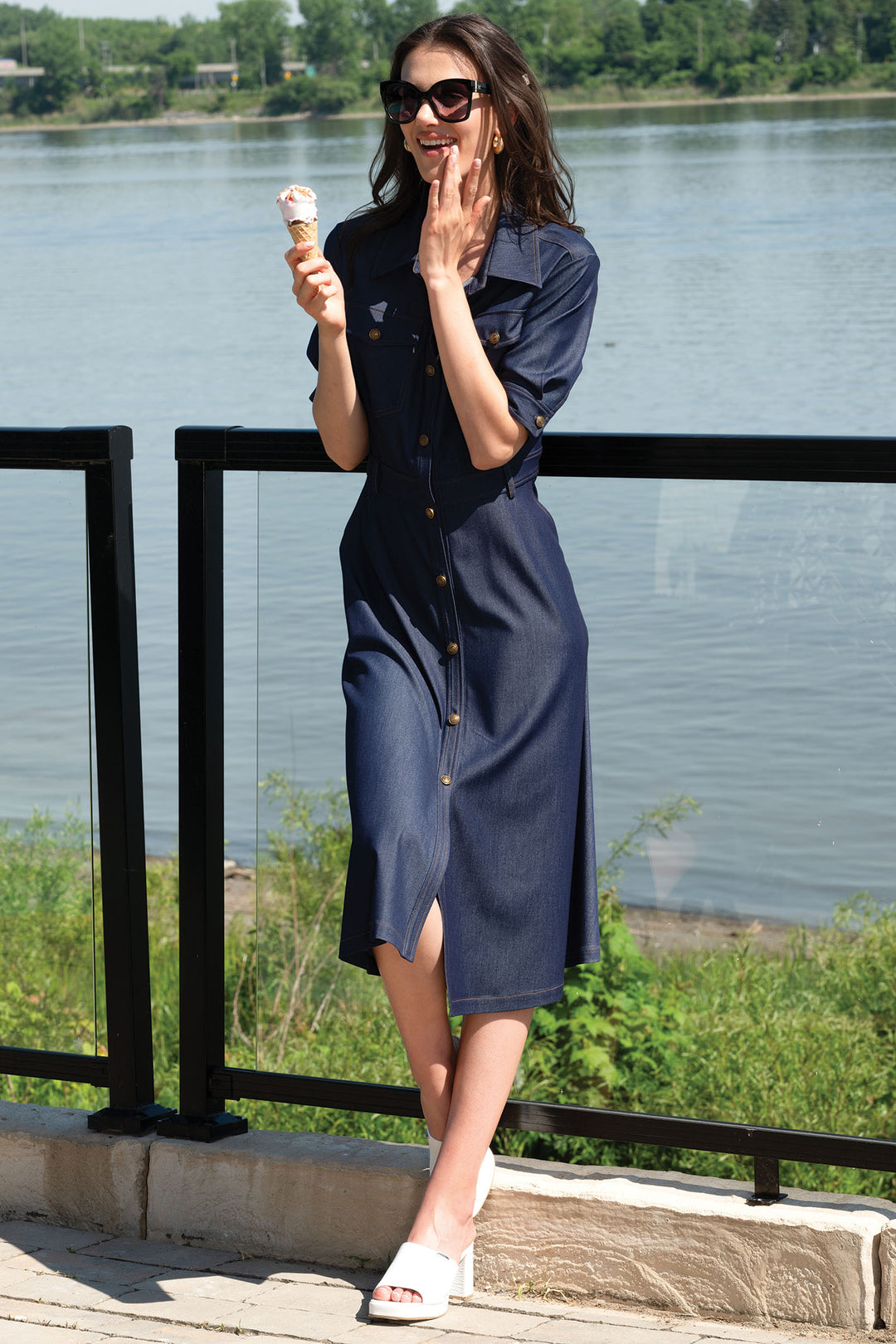 Alison Sheri A45391 Dark Denim Look Button Dress - Rouge Boutique Inverness
