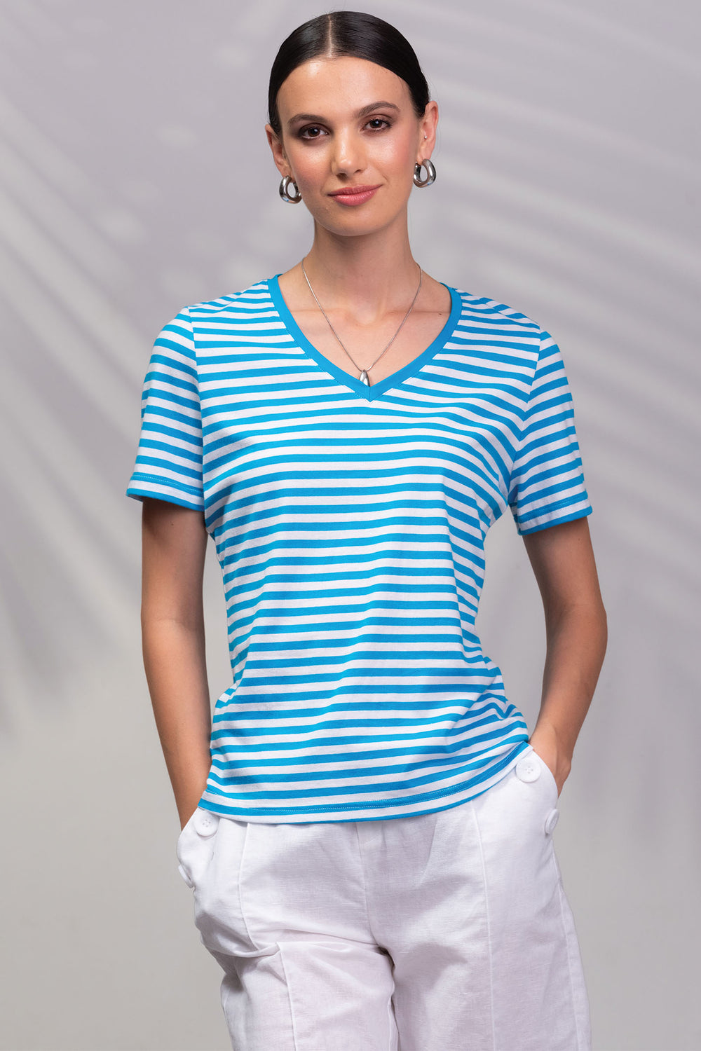 Alison Sheri A45425 Aqua Blue Striped V Neck T-Shirt - Rouge Boutique Inverness