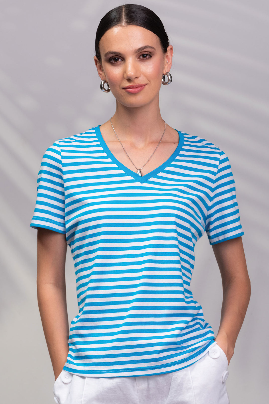 Alison Sheri A45425 Aqua Blue Striped V Neck T-Shirt - Rouge Boutique Inverness