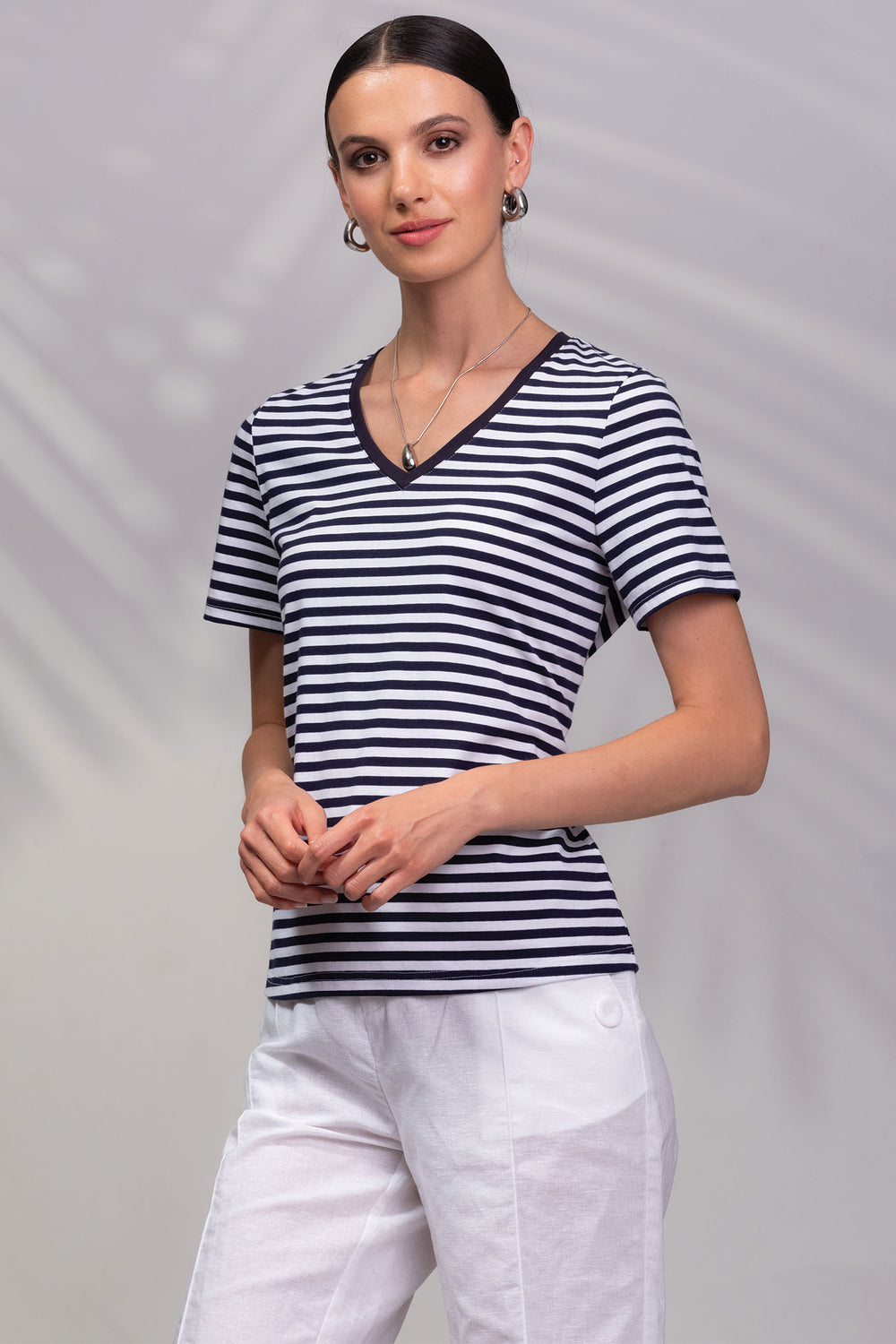 Alison Sheri A45425 Navy Striped V Neck T-Shirt - Rouge Boutique Inverness