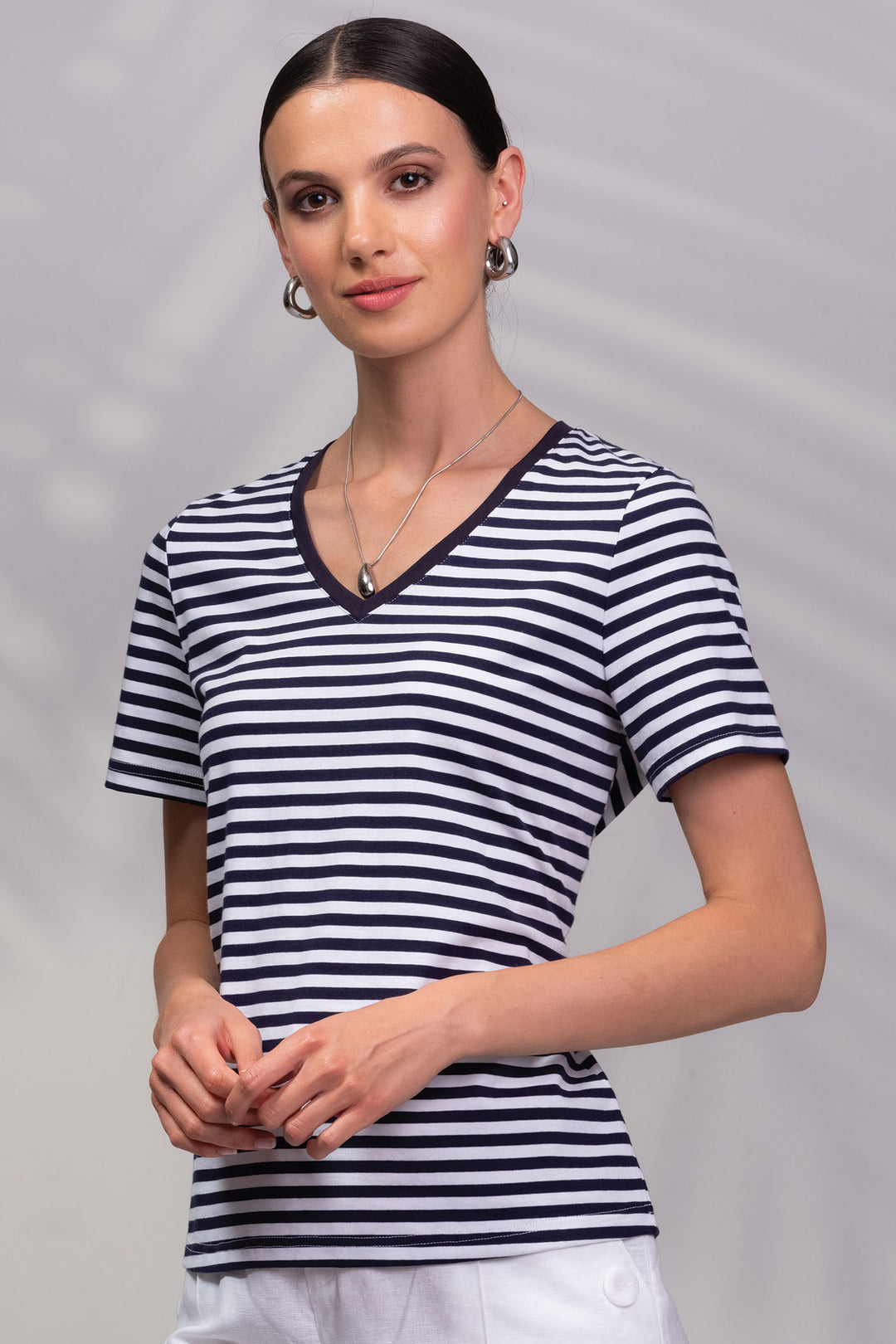 Alison Sheri A45425 Navy Striped V Neck T-Shirt - Rouge Boutique Inverness