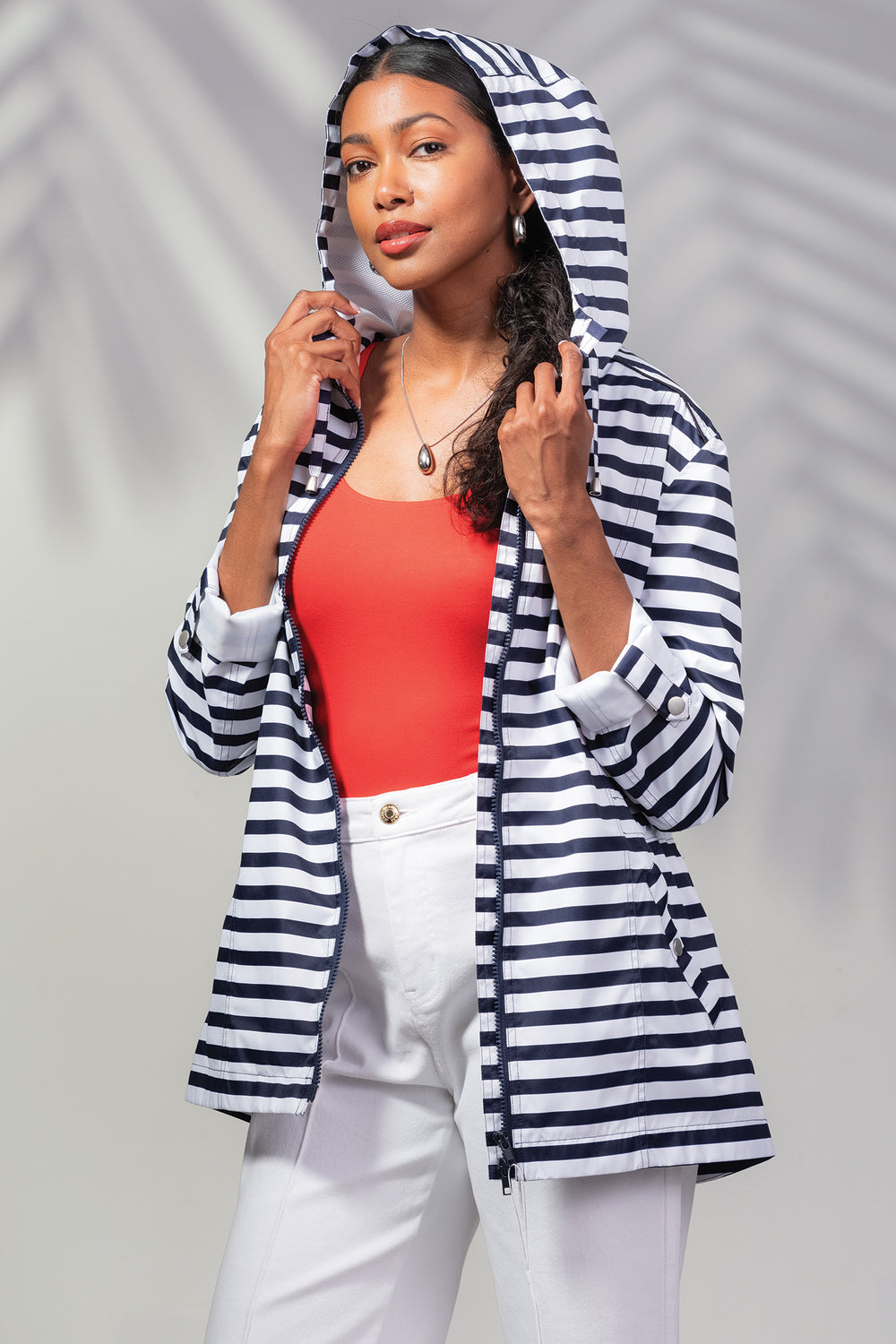 Alison Sheri A45430 Navy White Stripe Light Hooded Jacket - Rouge Boutique Inverness