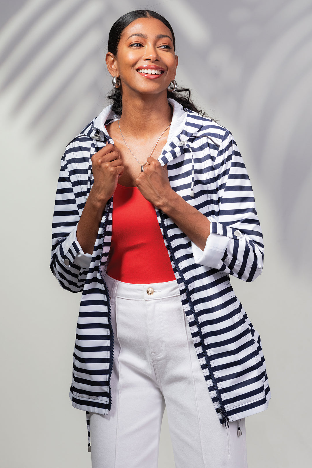 Alison Sheri A45430 Navy White Stripe Light Hooded Jacket - Rouge Boutique Inverness