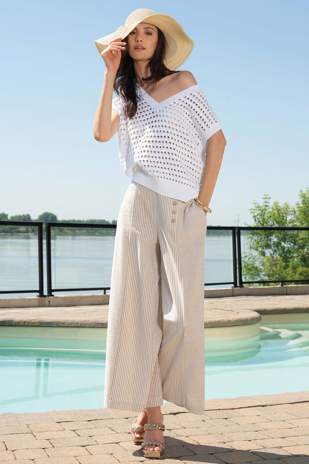 Alison Sheri A45489 Wide Leg Beige Stripe Crop Trouser - Rouge Boutique Inverness