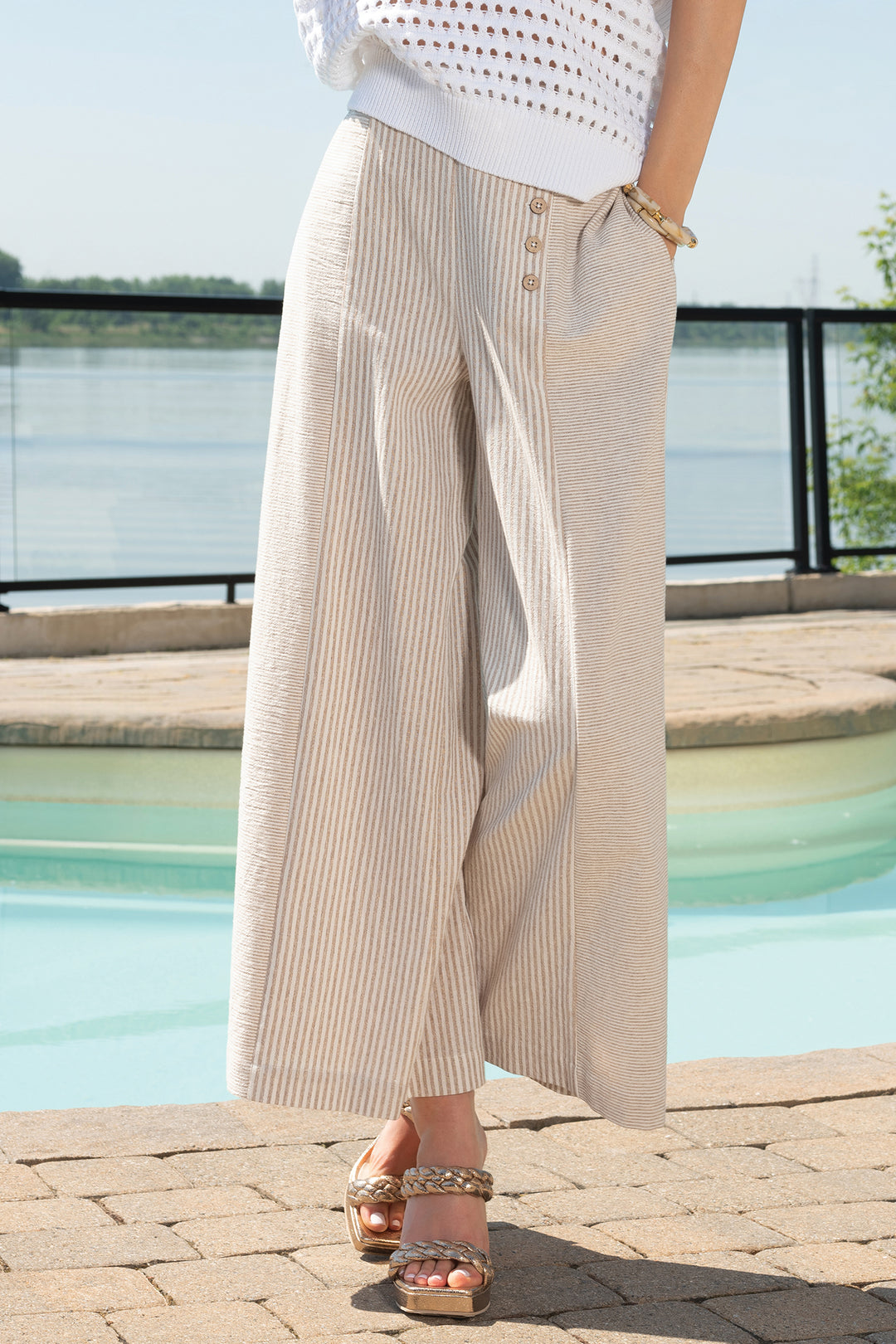 Alison Sheri A45489 Wide Leg Beige Stripe Crop Trouser - Rouge Boutique Inverness