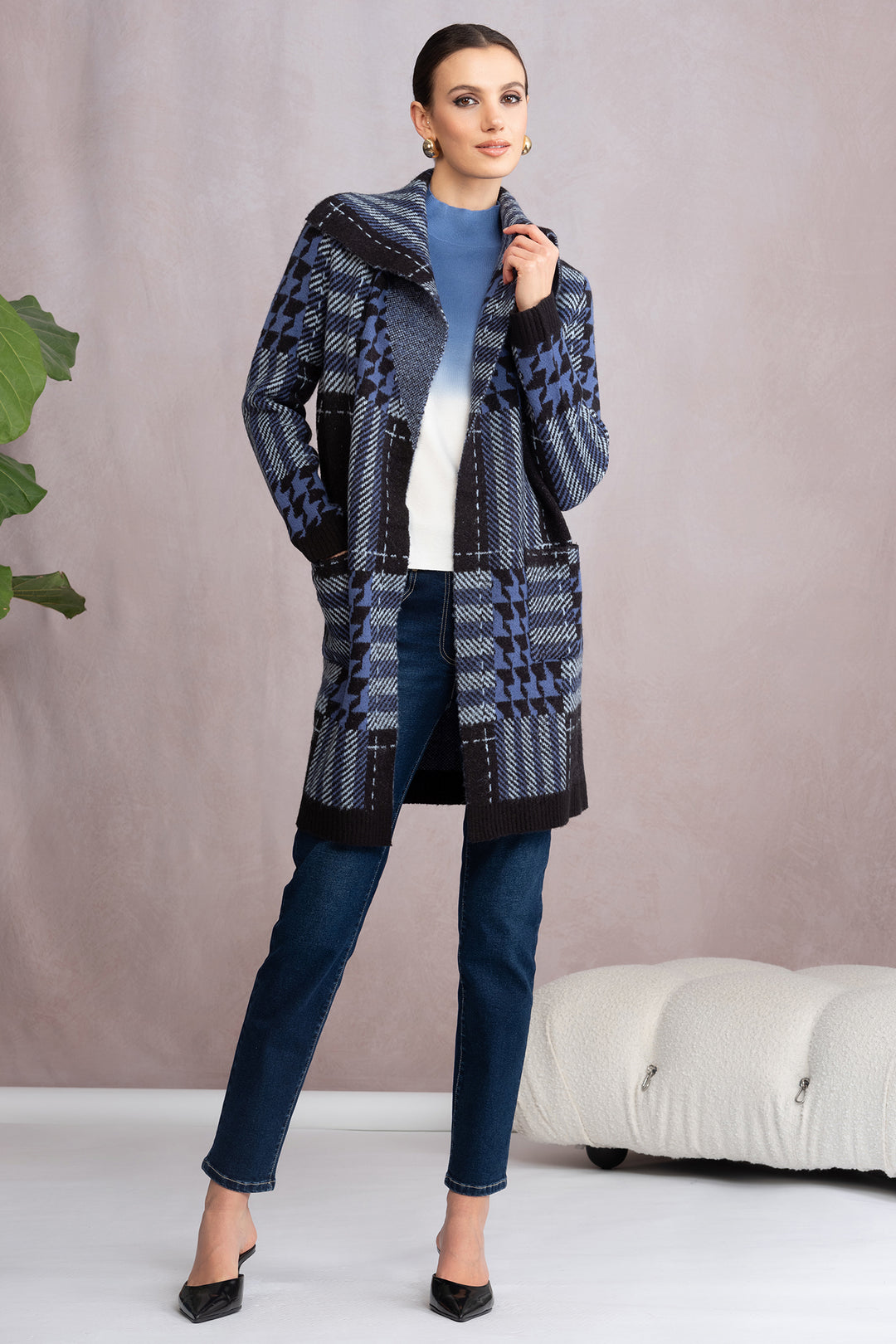 Alison Sheri A46168 Blue Knit Multi-Check Coat - Rouge Boutique Inverness