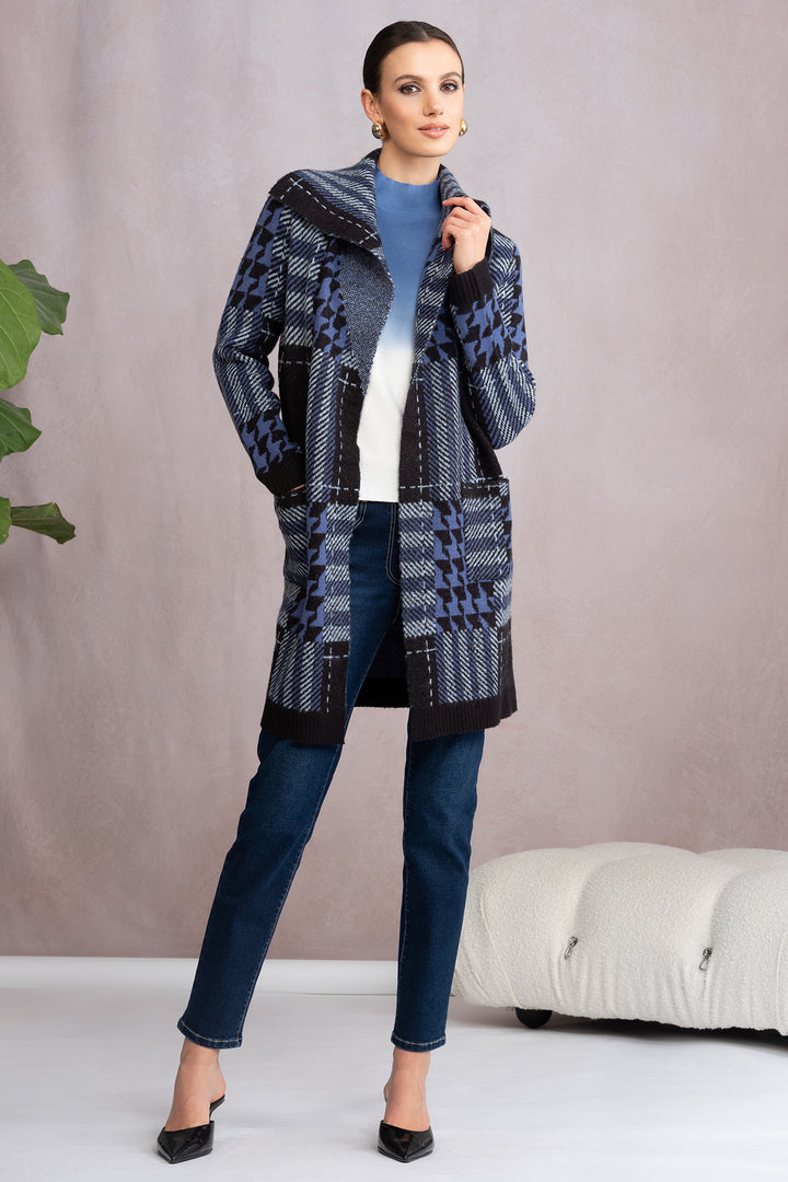 Alison Sheri A46168 Blue Knit Multi-Check Coat - Rouge Boutique Inverness