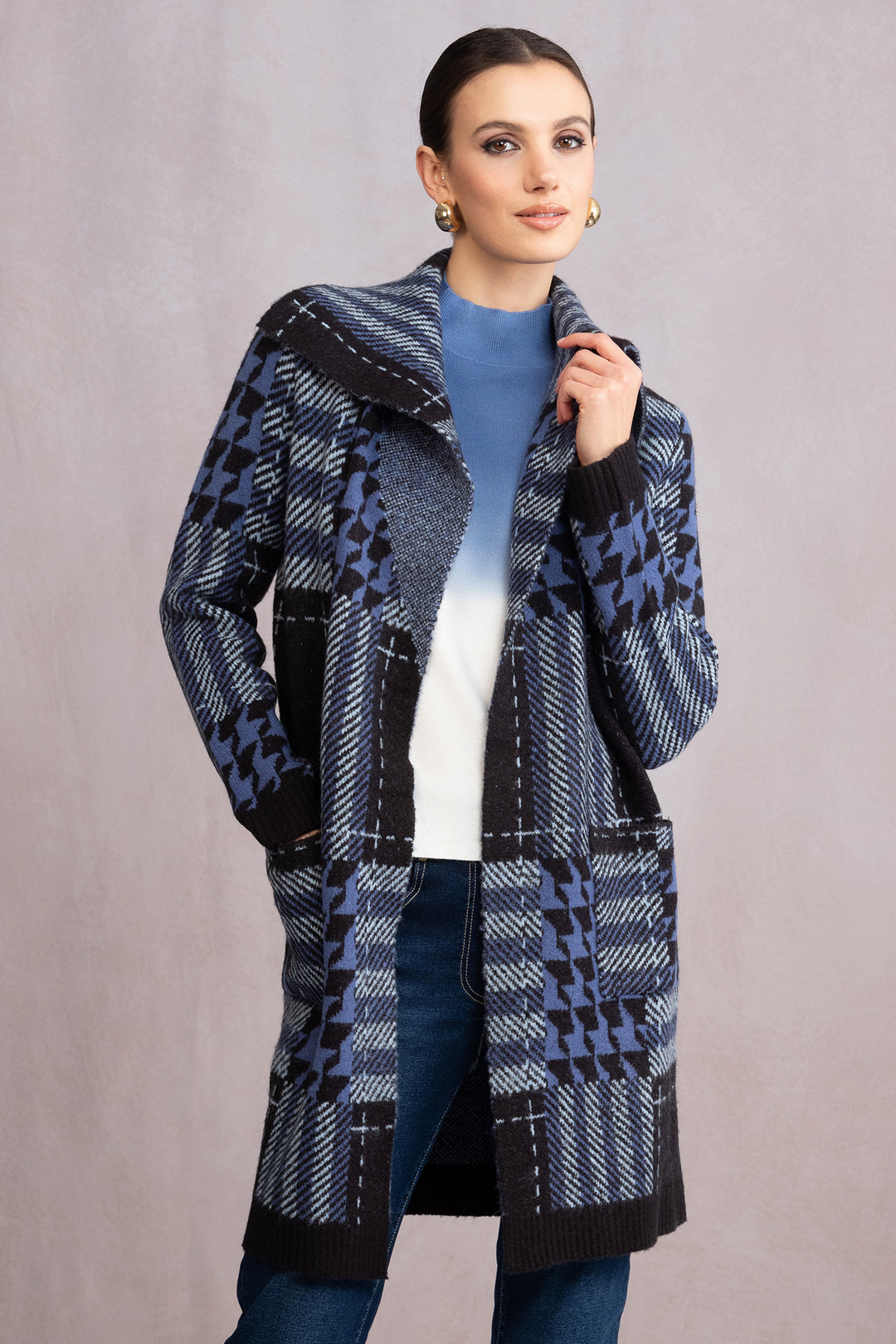 Alison Sheri A46168 Blue Knit Multi-Check Coat - Rouge Boutique Inverness
