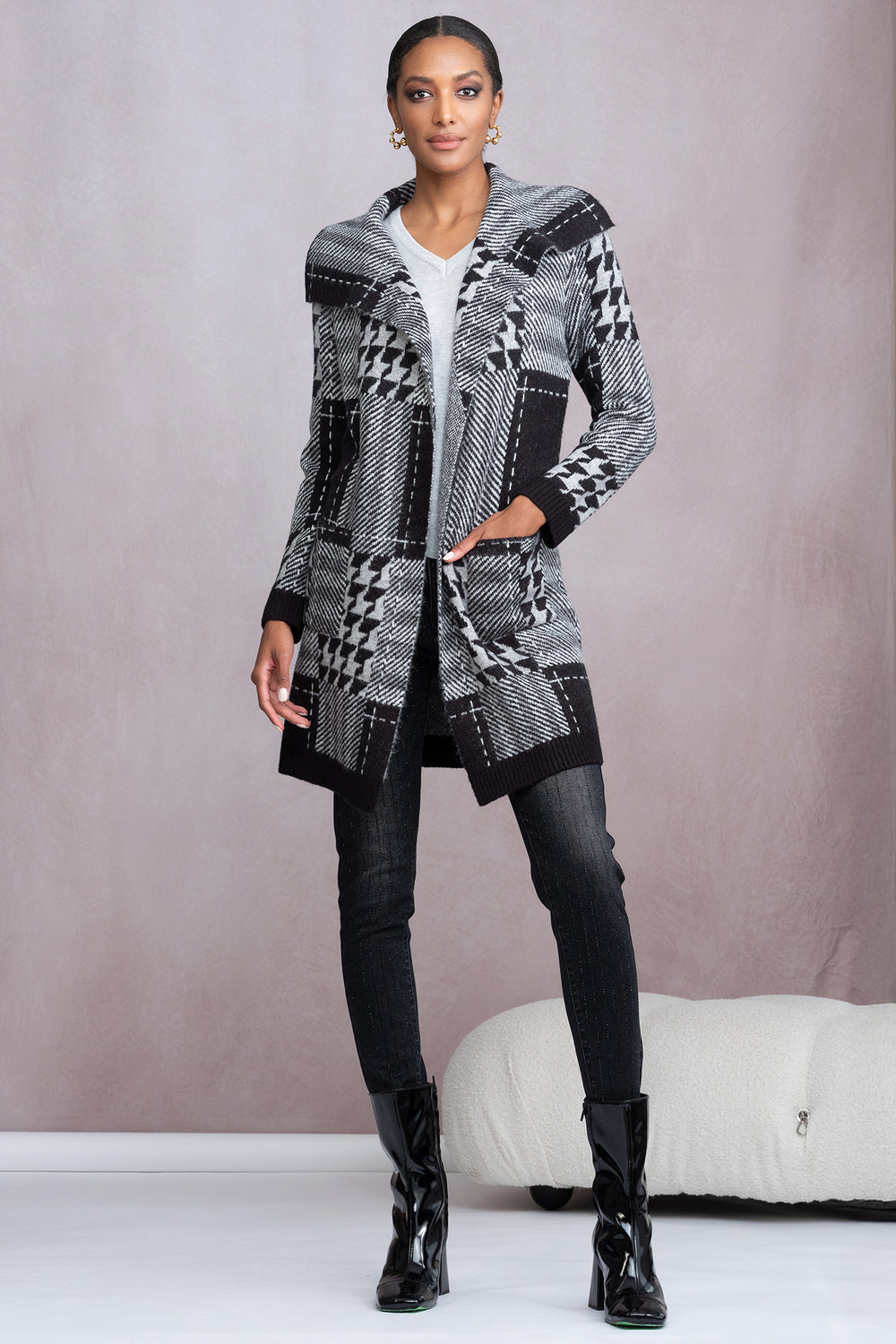 Alison Sheri A46168 Grey Check Knit Cardigan Coat - Rouge Boutique Inverness