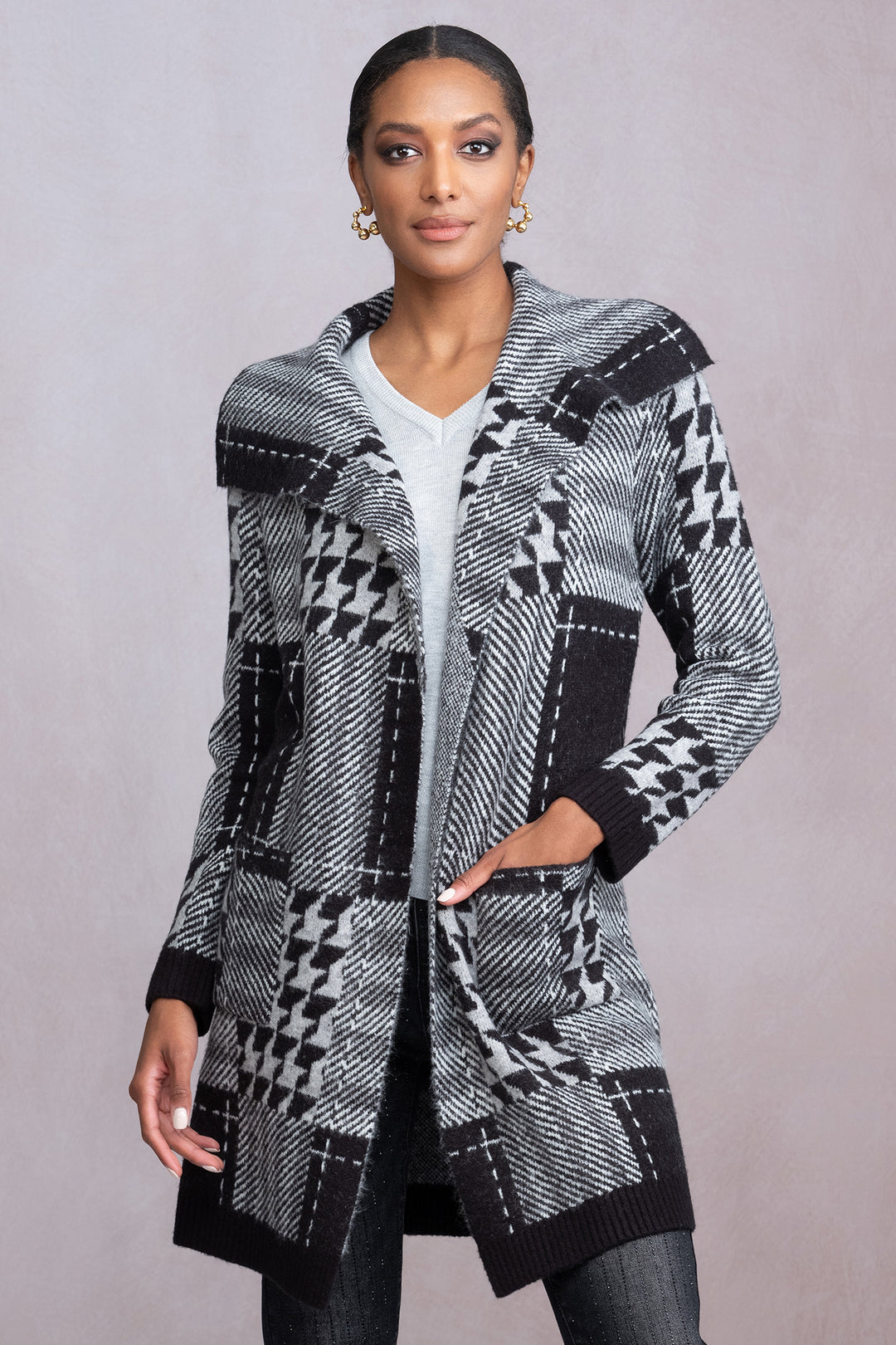 Alison Sheri A46168 Grey Check Knit Cardigan Coat - Rouge Boutique Inverness
