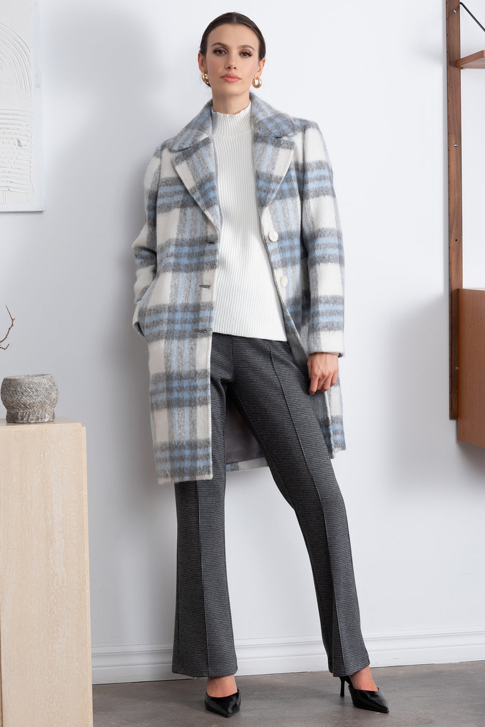 Alison Sheri A46170 White Blue Check Coat - Rouge Boutique Inverness