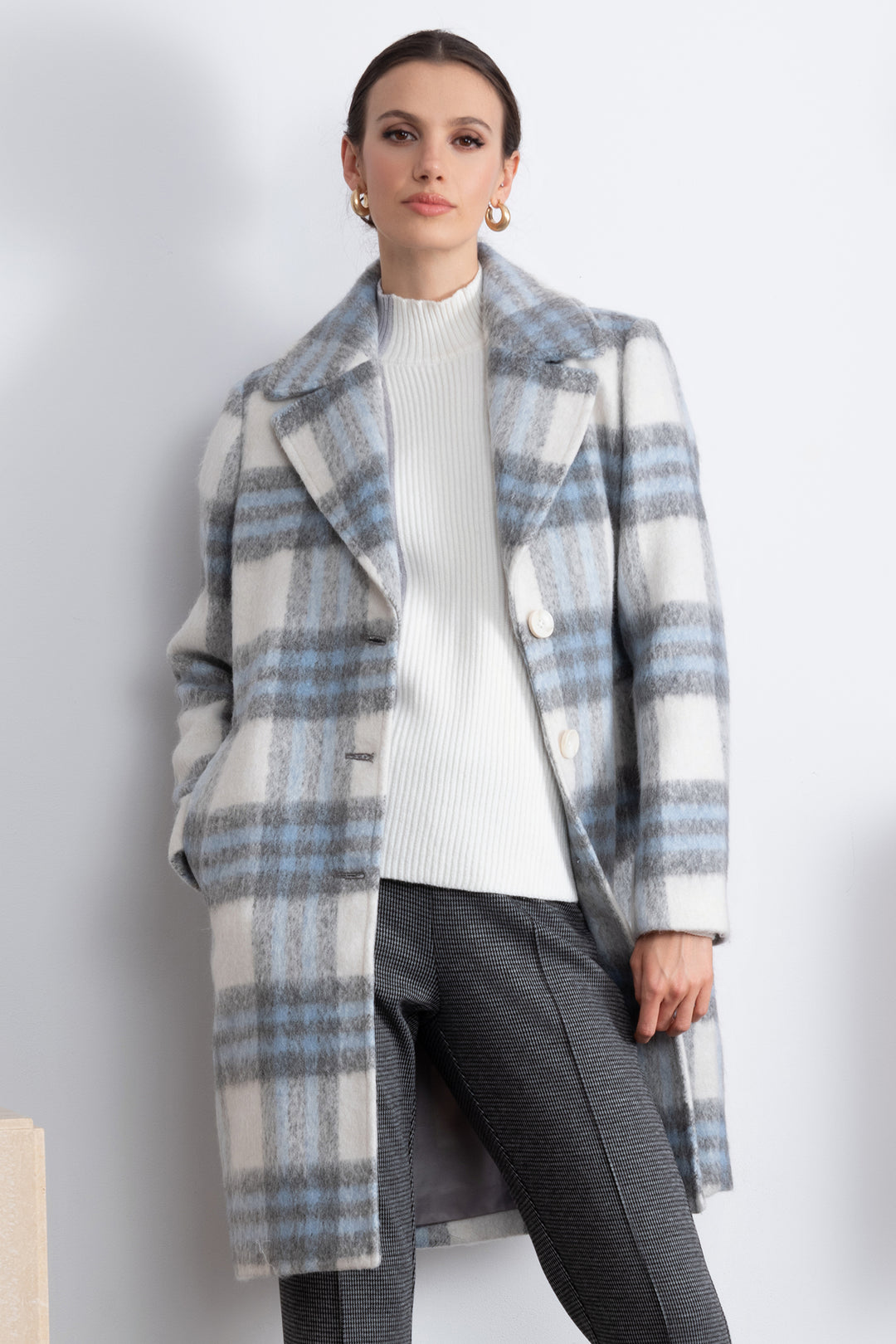 Alison Sheri A46170 White Blue Check Coat - Rouge Boutique Inverness