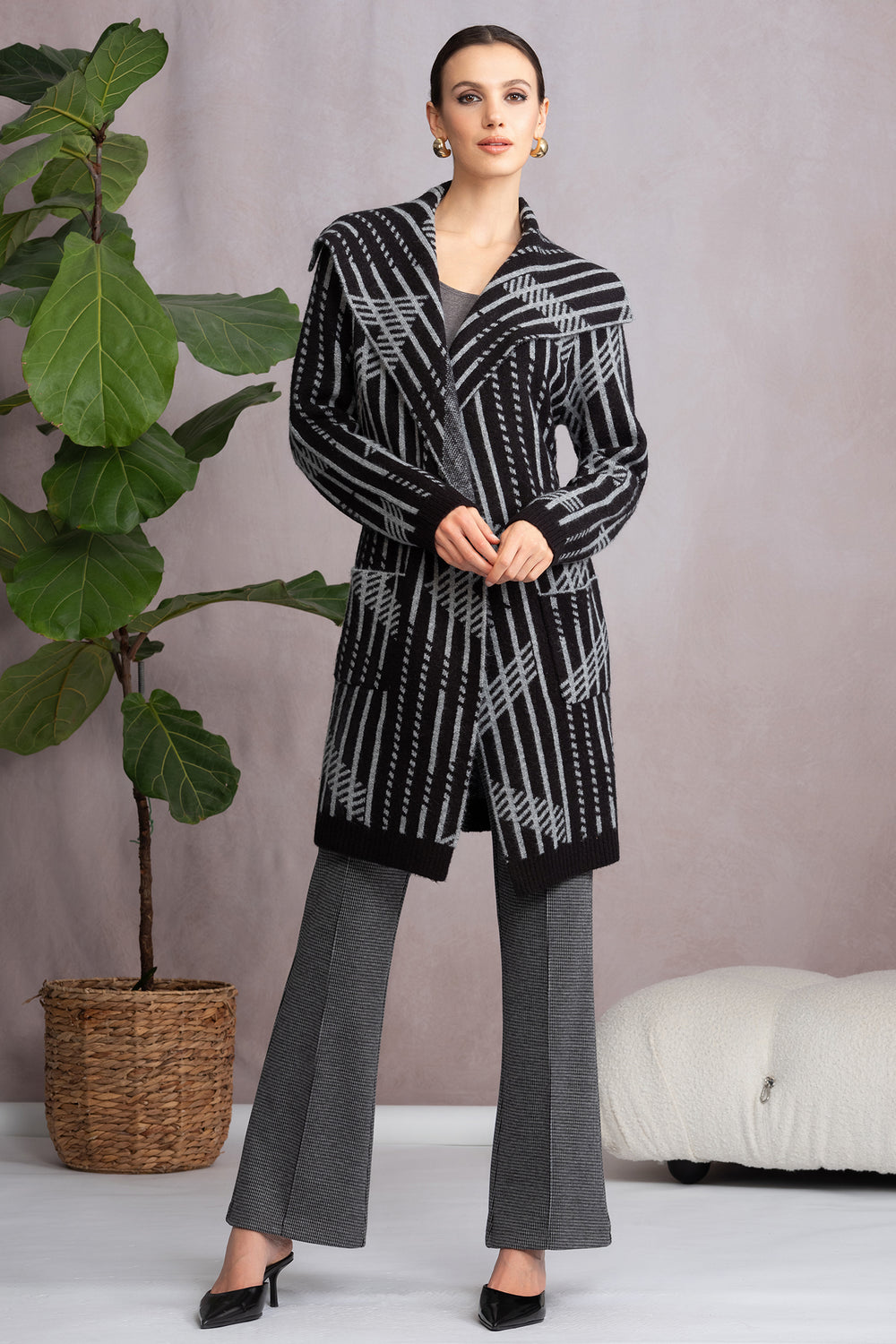 Alison Sheri A46229 Charcoal Black Stripe Knit Cardigan Coat - Rouge Boutique Inverness
