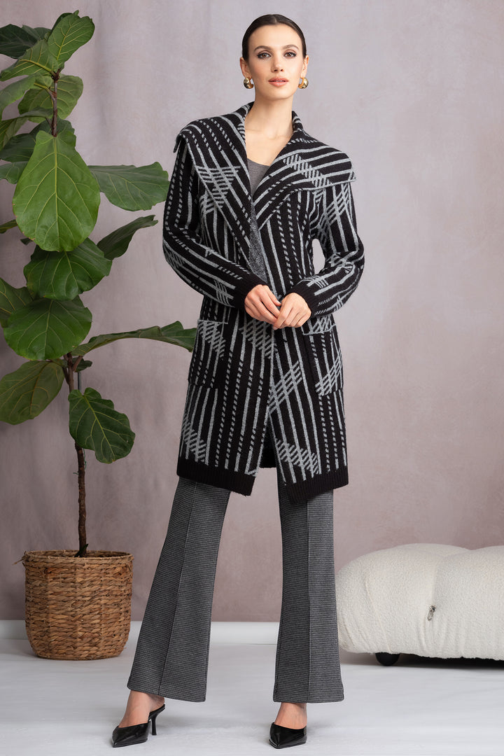 Alison Sheri A46229 Charcoal Black Stripe Knit Cardigan Coat - Rouge Boutique Inverness