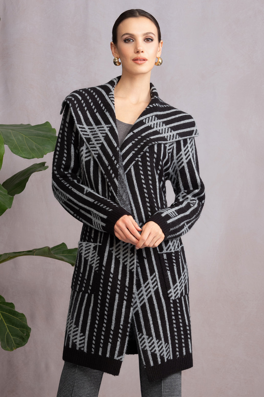 Alison Sheri A46229 Charcoal Black Stripe Knit Cardigan Coat - Rouge Boutique Inverness