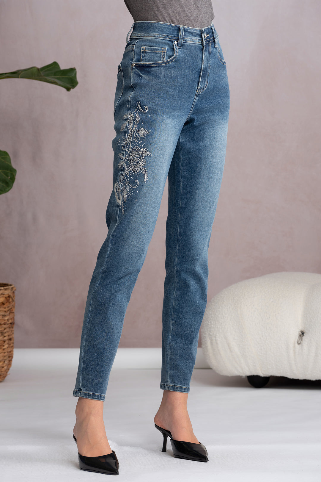 Alison Sheri A46288 Blue Stonewash Stud Detail Jeans - Rouge Boutique Inverness