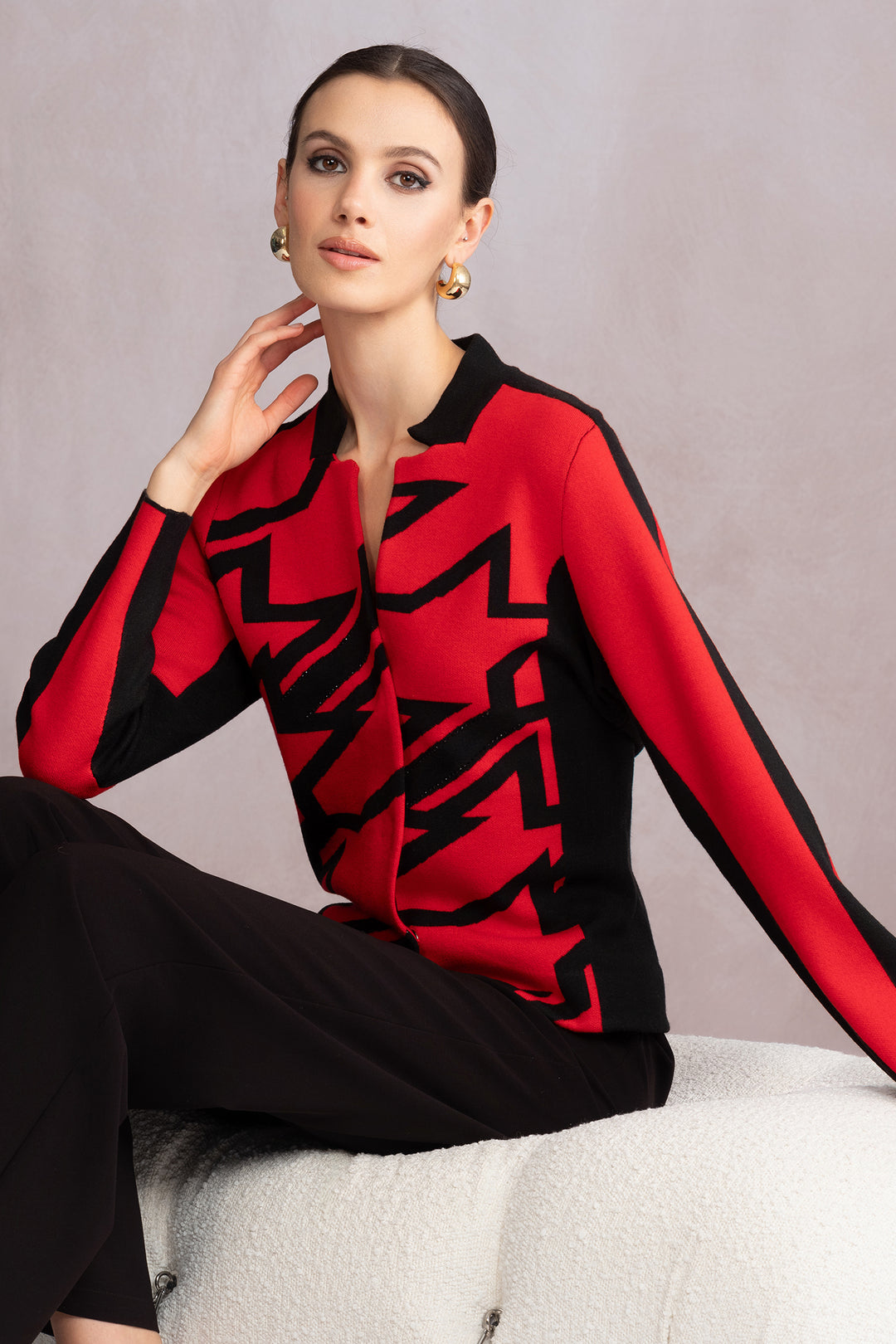 Alison Sheri A46432 Red Black Star Pattern Knit Jacket - Rouge Boutique Inverness