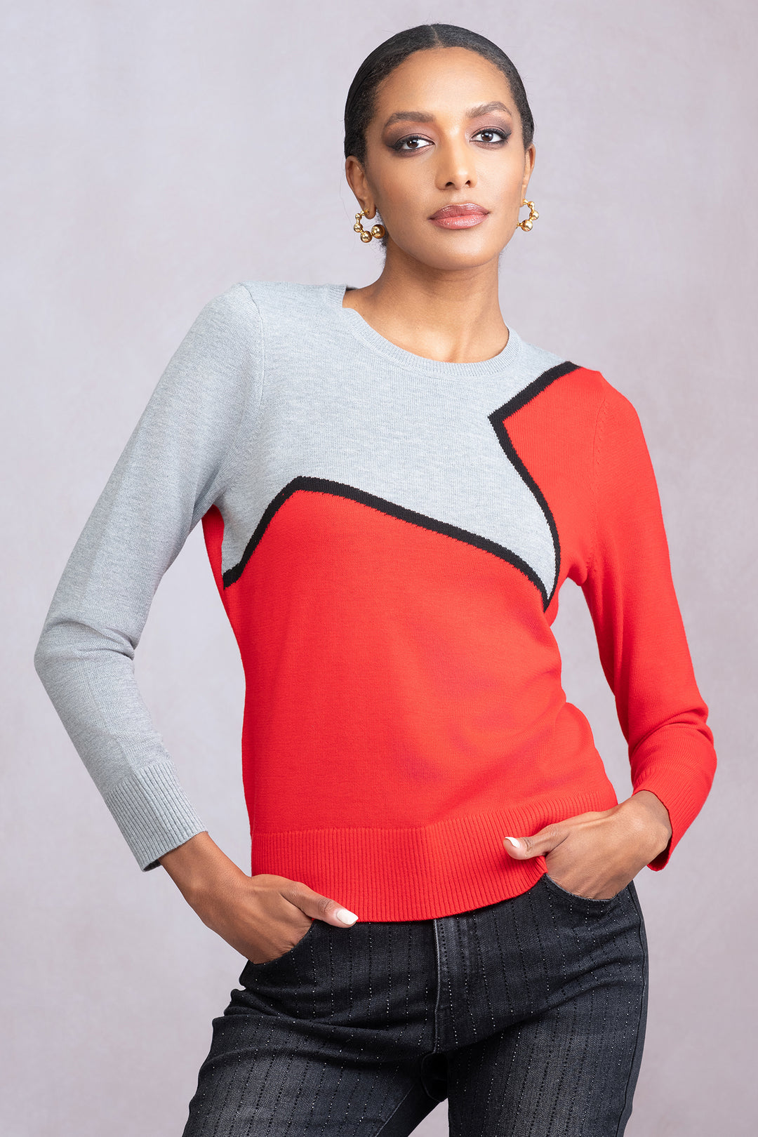 Alison Sheri A46453 Red Grey Slash Pattern Jumper - Rouge Boutique Inverness