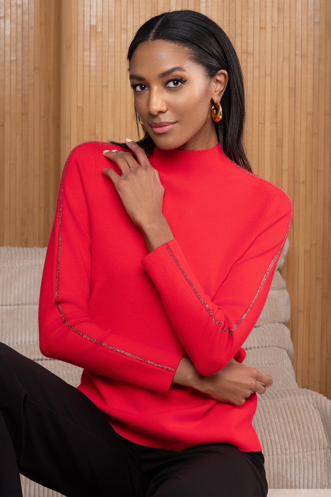 Alison Sheri A46462 Red Crew Neck Sparkle Sleeve Jumper - Rouge Boutique Inverness